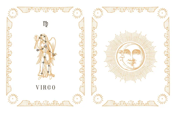 Virgo zodiac symbol and constellation, old card. — Stock Vector