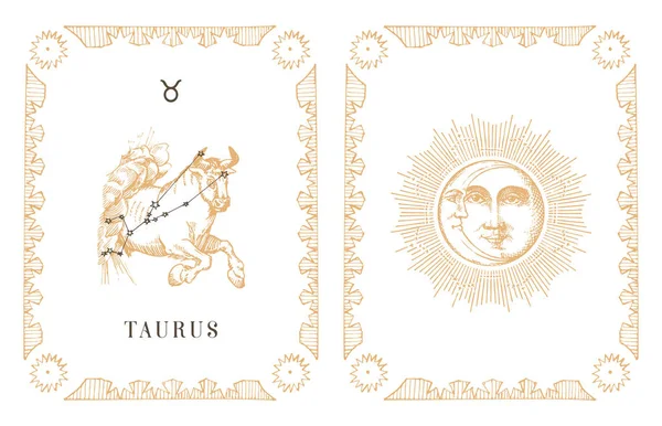 Taurus zvěrokruh symbol a souhvězdí, stará karta. — Stockový vektor