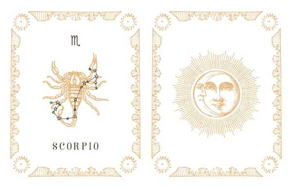 Scorpio zodiac symbol and constellation, old card. — Stock Vector