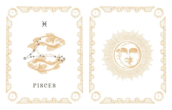 Símbolo e constelação do zodíaco de Peixes, cartão velho. — Vetor de Stock