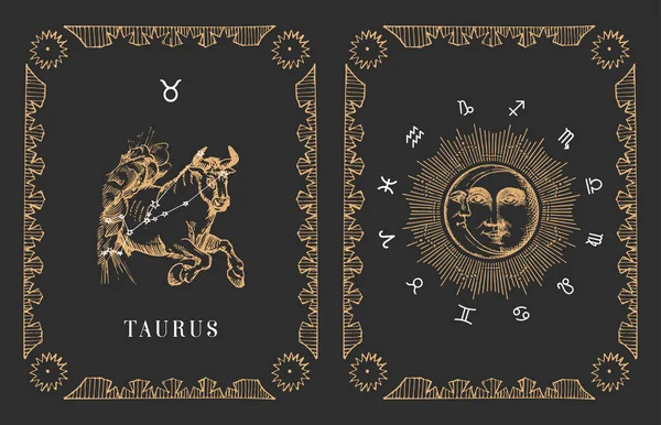 Symbole du zodiaque du Taureau en vecteur, vieille carte horoscope. — Image vectorielle