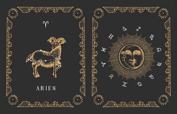 Aries simbo zodiaco en el vector, tarjeta de horóscopo viejo. — Archivo Imágenes Vectoriales