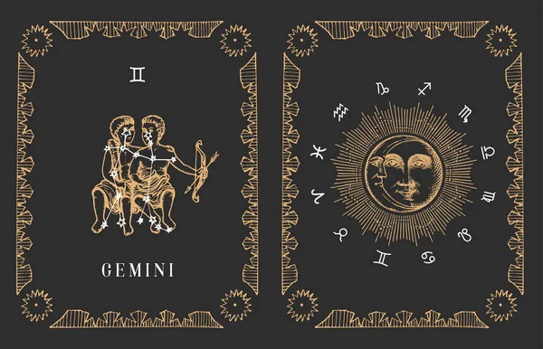 Symbole zodiaku Gemini w wektorze, stara karta horoskopu. — Wektor stockowy
