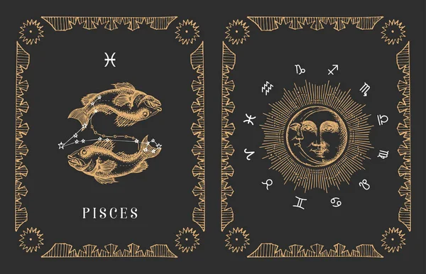 Pisces zodiac symbol in vector, old horoscope card — Stock Vector