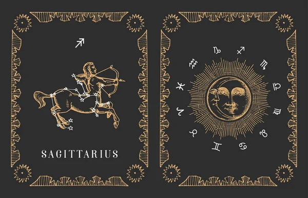 Τοξότης zodiac σύμβολο σε διάνυσμα, vintage κάρτα. — Διανυσματικό Αρχείο