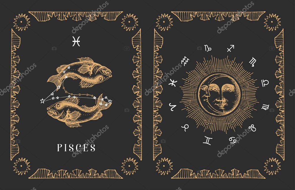 Pisces zodiac symbol and constellation on black background, drawn horoscope card in engraving style. Vintage illustration of astrological circle with Sun and Crescent in vector.