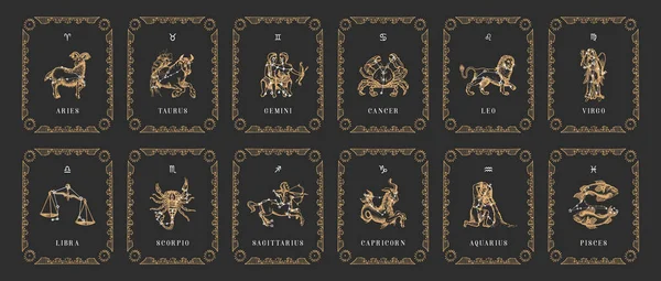Παλιές κάρτες ωροσκοπίου. Σύμβολα Zodiac σε διάνυσμα. — Διανυσματικό Αρχείο
