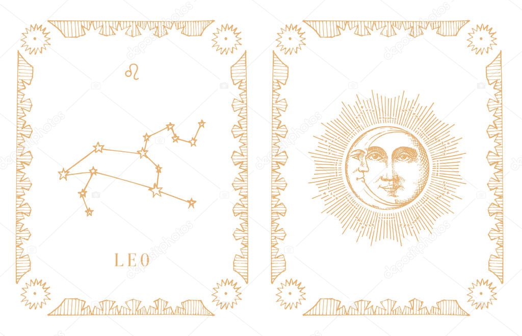 Leo zodiac constellation, horoscope card in vector