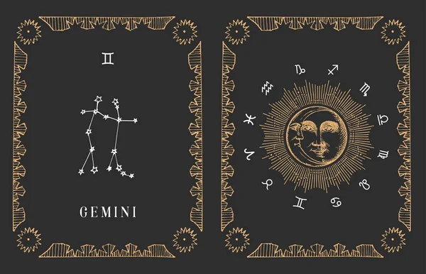 Gemini zodiac constellation, old card in vector. — Vetor de Stock