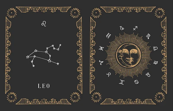 레오 황도대 별자리, 벡터에 있는 오래 된 카드. — 스톡 벡터