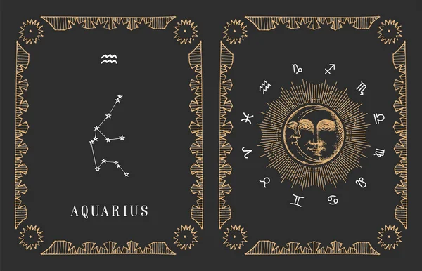 Aquarius zodiac constellation, old card in vector. — Stock Vector