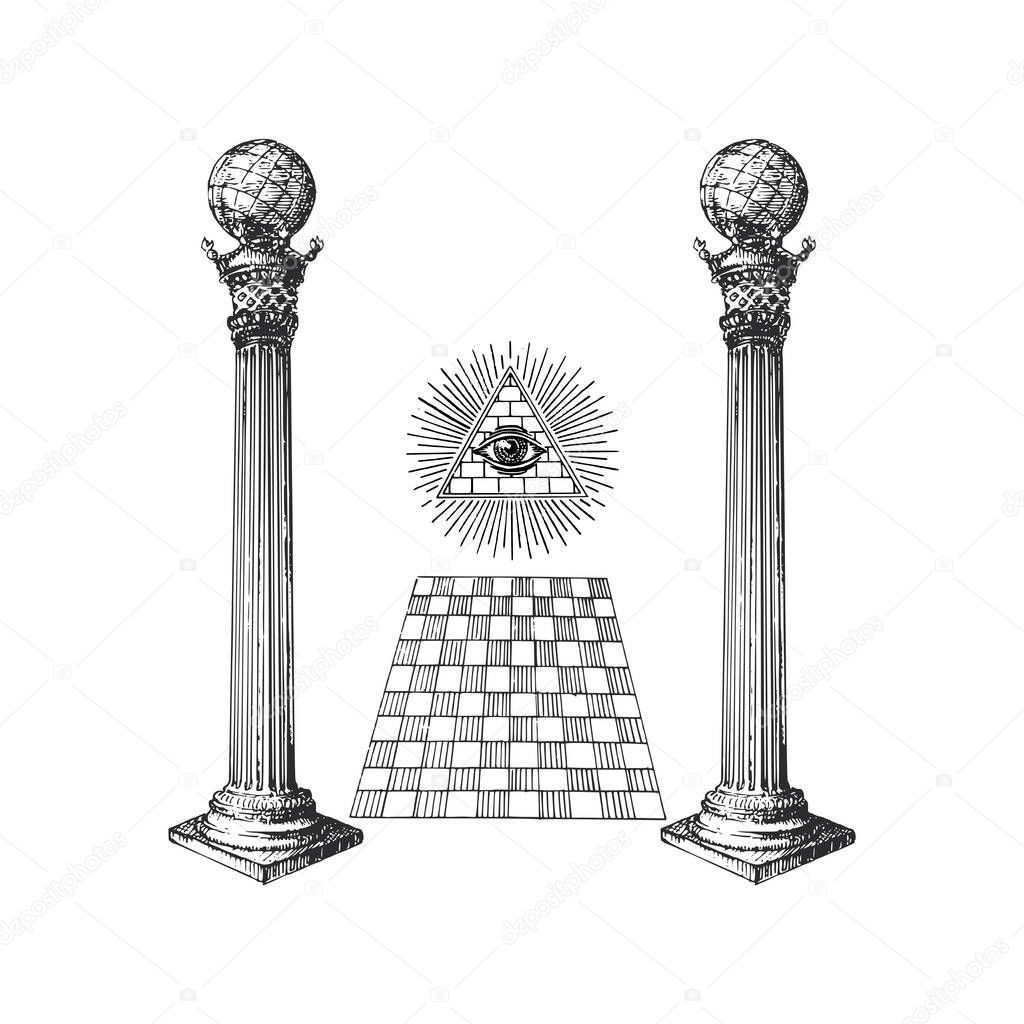 Boaz and Jachin Columns and Eye of Providence, vector illustration concept in engraving style. Vintage pastiche of freemasonry signs. Drawn sketch of occult and mystical symbols.