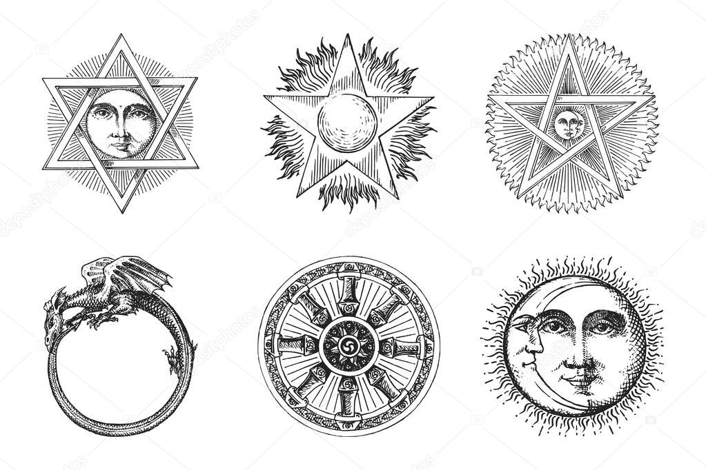 Freemasonry and mystical symbols, drawn sketches. Set of vector illustrations in engraving style. Vintage pastiche of esoteric and occult signs.