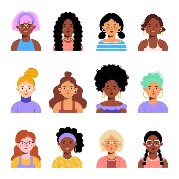 Différents visages de femmes, ensemble vectoriel dans un style plat. — Image vectorielle