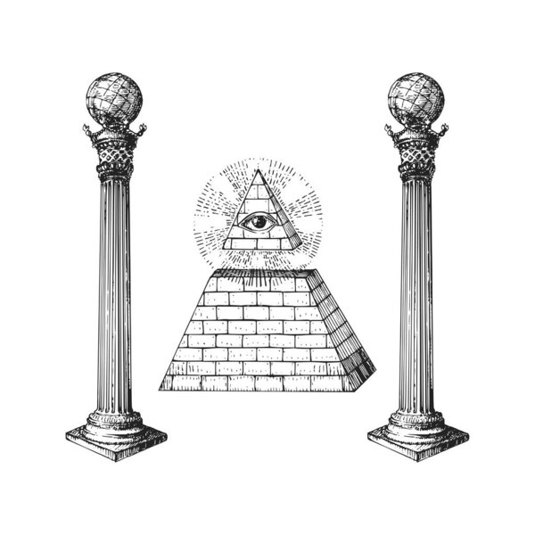 Freemasonry Columns, Eye of Providence in vector.