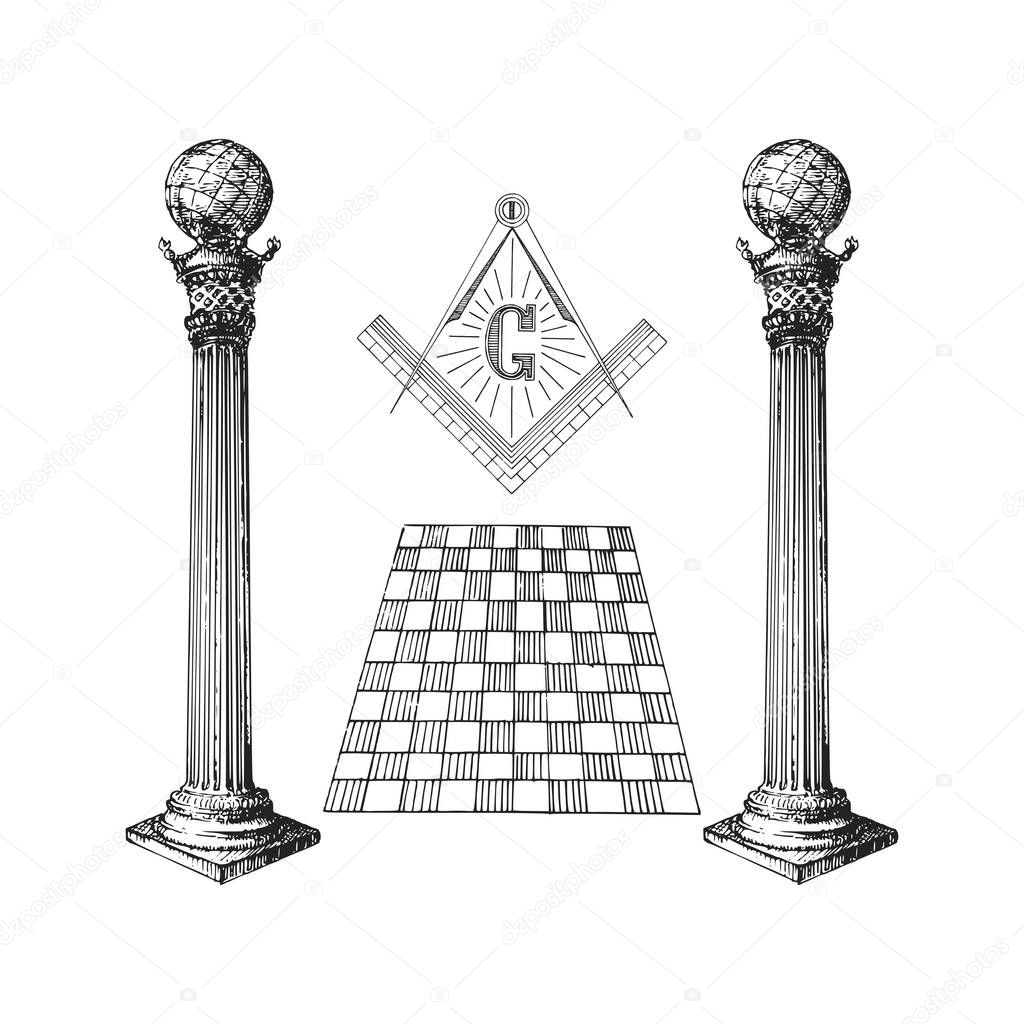 The letter G with Square and Compasses, vector illustration concept in engraving style. Vintage pastiche of Freemasonry Boaz and Jachin pillars. Drawn sketch of occult and mystical symbols.