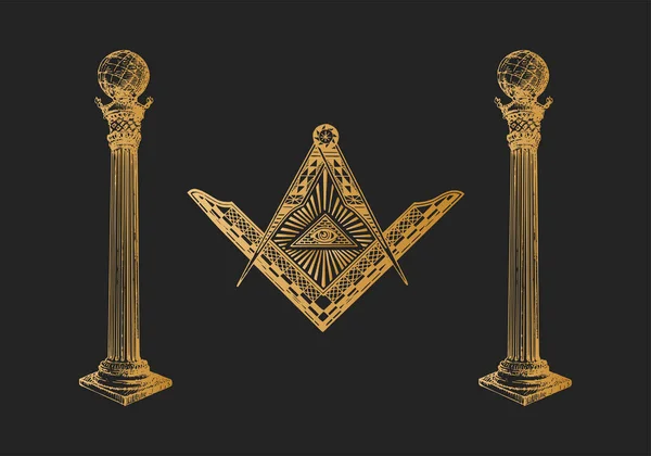 All Seing Eye Freemasonry Columns Векторная Концепция Иллюстрации Завораживающем Стиле — стоковый вектор