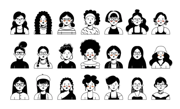 Mujeres caras vector conjunto. Iconos de retrato femenino. — Vector de stock