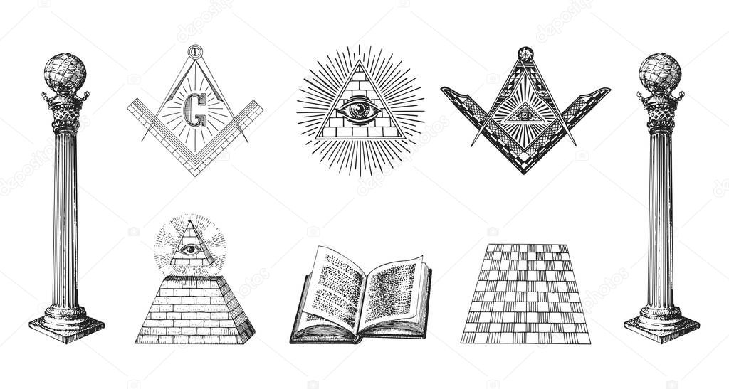 Freemasonry symbols, set of vector illustrations in engraving style. Vintage pastiche of Eye of Providence, pillars of Boaz and Jachin, Square and Compasses. Sketches of occult, mystical symbolism.