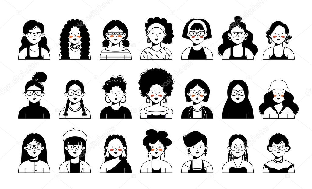 Women faces vector set. Female portrait icons.