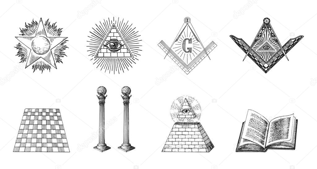 Freemasonry symbols, set of vector illustrations in engraving style. Vintage pastiche of Eye of Providence, pillars of Boaz and Jachin, Square and Compasses. Sketches of occult, mystical symbolism.