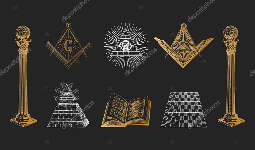 Freemasonry symbols, set of vector illustrations in engraving style. Vintage pastiche of Eye of Providence, pillars of Boaz and Jachin, Square and Compasses. Sketches of occult, mystical symbolism.