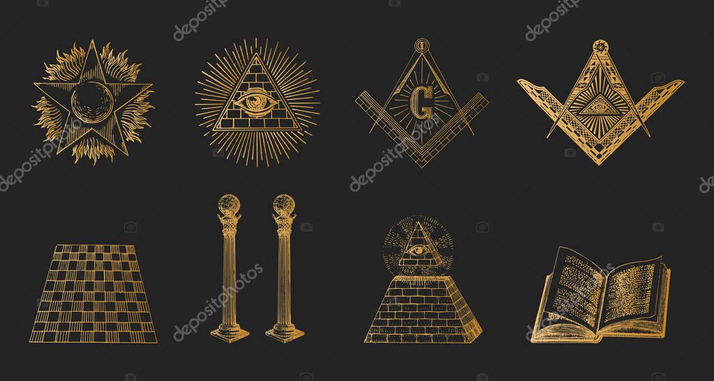 Freemasonry symbols, set of vector illustrations in engraving style. Vintage pastiche of Eye of Providence, pillars of Boaz and Jachin, Square and Compasses. Sketches of occult, mystical symbolism.