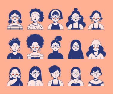 Çizgi film kadın portre simgeleri düz bir şekilde ayarlandı.