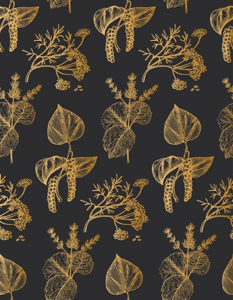 Bitki Baharatlı Duvar Kağıdı Tasarım Elementleri Kabartma Tarzında Botanik Çizimlerle — Stok Vektör