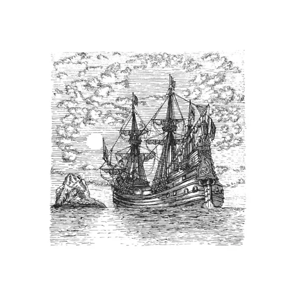 Yelkenli Deniz Manzaralı Gravür Stili Resimli Eski Hollanda Fluyt Unun — Stok Vektör