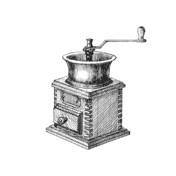 Coffee Grinder Illustration Engraving Style Vintage Hand Drawing Vector — Vettoriale Stock