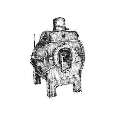 Coffee bean roaster machine, illustration in engraving style. Vintage hand drawing in vector.