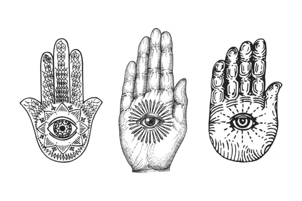 Hamsa Eye Providence Palm Vector Engraving Style 마술적 신비주의적 상징들의 — 스톡 벡터