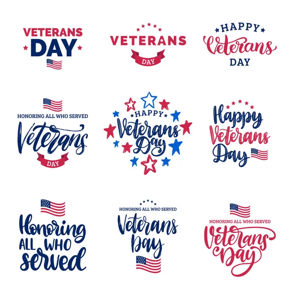 Veterans Day, hand lettering in vector. Calligraphy illustration set, November 11 holiday background. Honoring All Who Served, poster and greeting card collection with USA flag.