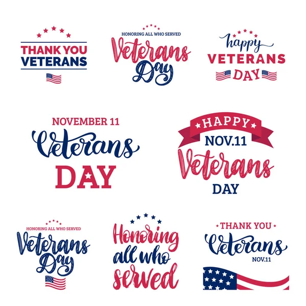 Veterans Day, hand lettering in vector. Calligraphy illustration set, November 11 holiday background. Honoring All Who Served, poster and greeting card collection with USA flag.