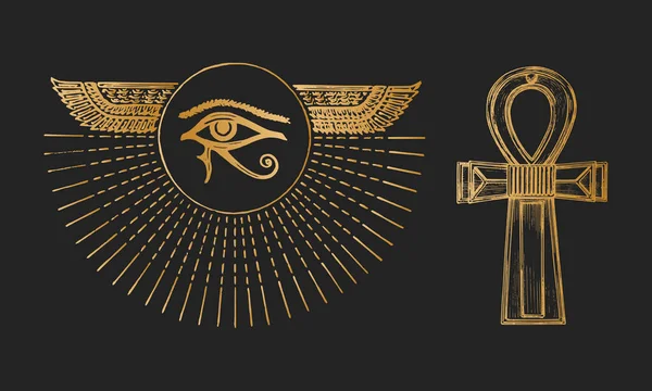 Occhio Horus Ankh Illustrazioni Vettoriali Stile Incisione Segni Esoterici Occulti — Vettoriale Stock