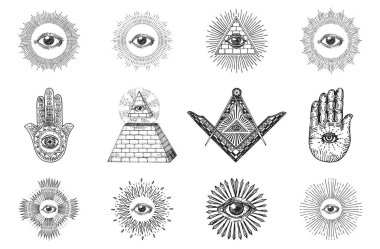Masonluk sembolleri, kabartma stili vektör çizimleri, Her Gören Göz, Kare ve Pusula, Piramit. Avucundaki Hamsa ve Eye of Providence, klasik eskizler.