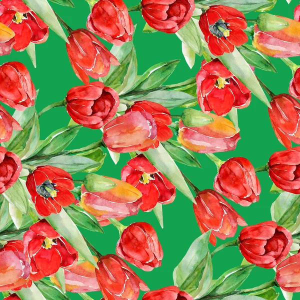 Czerwone Tulipany Bezszwowy Wzór Obraz Białym Kolorowym Tle — Zdjęcie stockowe