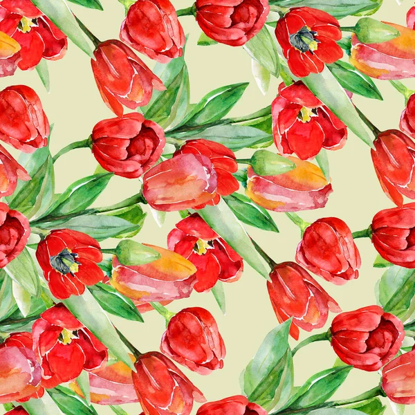 Red Tulips Seamless Pattern Image White Colored Background — Stock Photo, Image