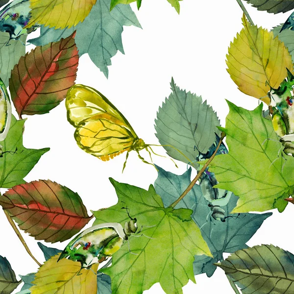 Autumn Leaves Insects Image White Colored Watercolor Seamless Pattern — Stockfoto