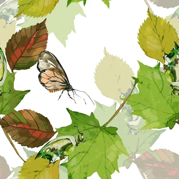 Autumn Leaves Insects Image White Colored Watercolor Seamless Pattern — Stockfoto