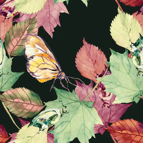 Autumn Leaves Insects Image White Colored Watercolor Seamless Pattern — Photo