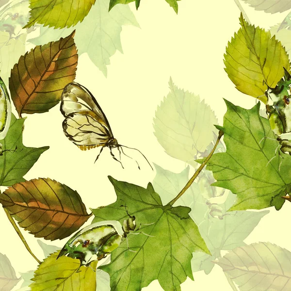 Autumn Leaves Insects Image White Colored Watercolor Seamless Pattern — Photo