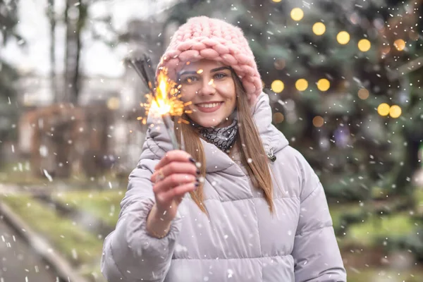 Cheerful Young Woman Wears Pink Knitted Hat Coat Having Fun — Stock Photo, Image