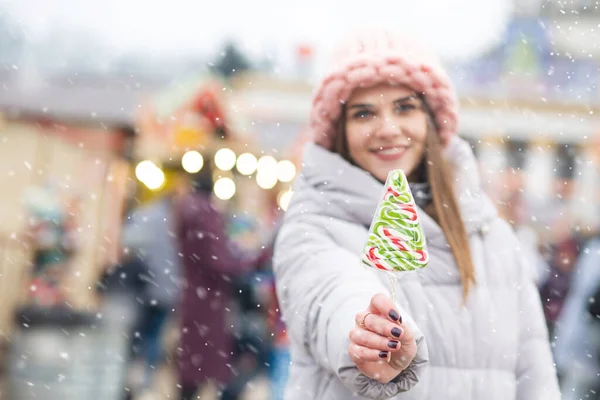 Magnificent Blond Woman Candy Christmas Fair Snowfall Space Text — Stock Photo, Image
