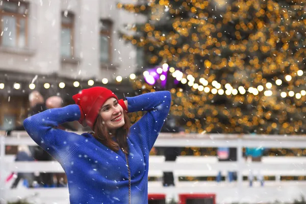 Charming Brunette Woman Having Fun Christmas Fair Snowfall Space Text — Stock Photo, Image