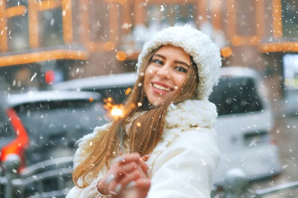 Cheerful Young Woman Wears White Knitted Hat Coat Having Fun — Stock Photo, Image
