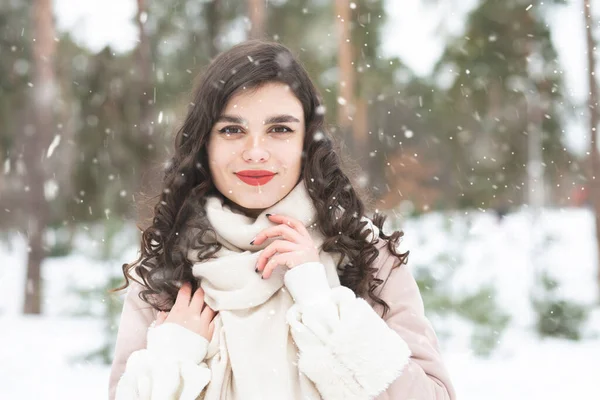 Glorious Brunette Woman Long Hair Wears Coat Snowy Weather Space — Stock Photo, Image