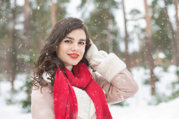 Mulher Adorável Com Batom Vermelho Posando Tempo Nevado Espaço Vazio — Fotografia de Stock