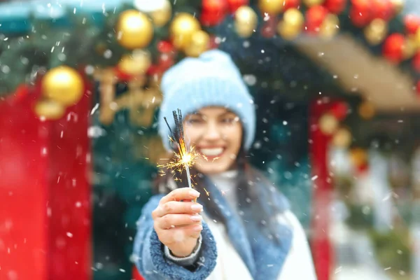 Happy Young Woman Wears Blue Coat Enjoying Holidays Bengal Lights — Stock Photo, Image